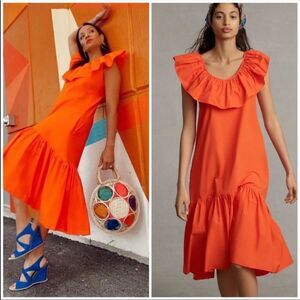 NEW WHIT TWO Anthropologie Flouncy Ruffle Midi Dress Orange XS Petite